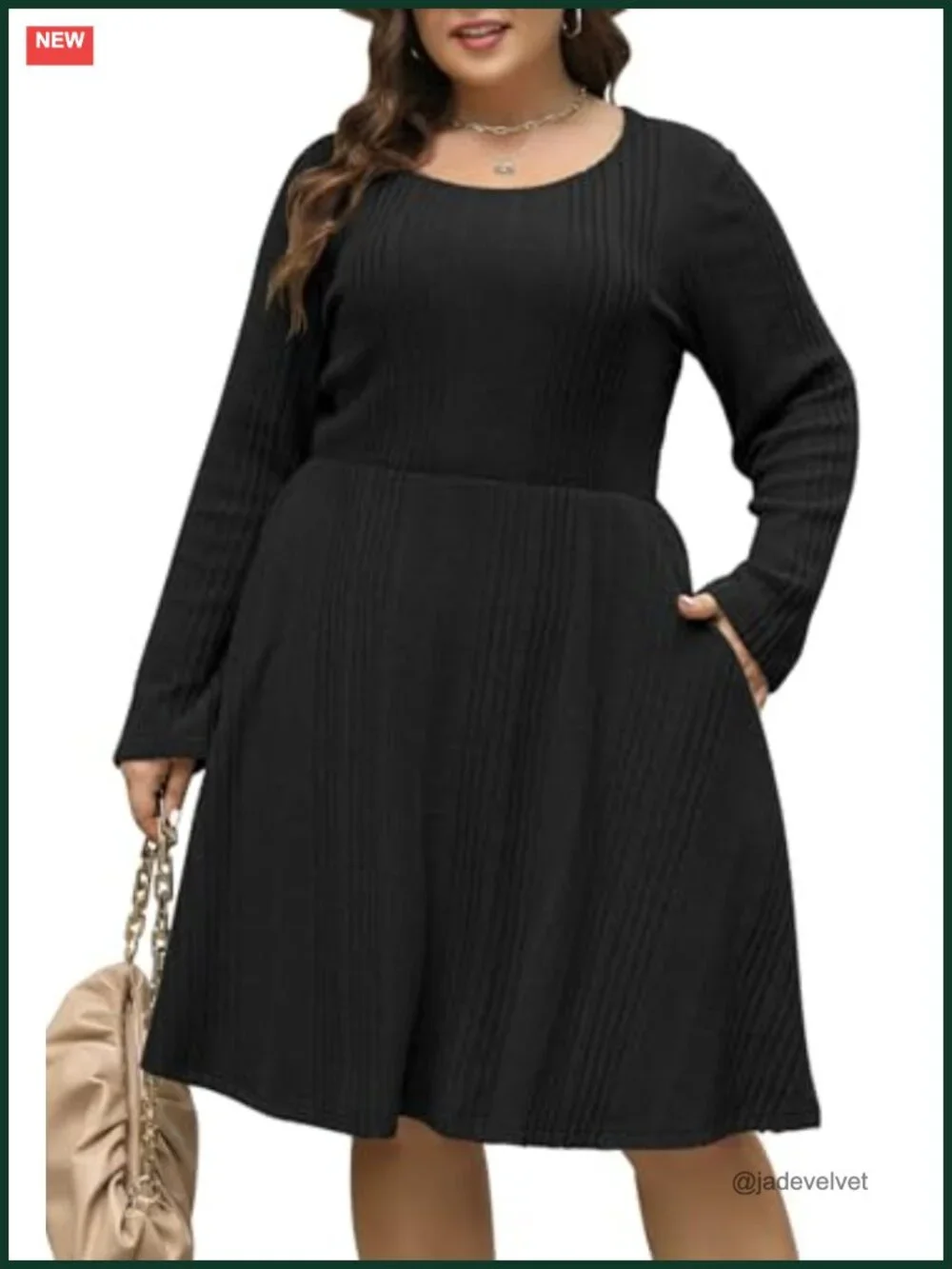 Plus Size Midi Swing Dress with Pockets, Long Sleeve Scoop Neck Ribbed Knit